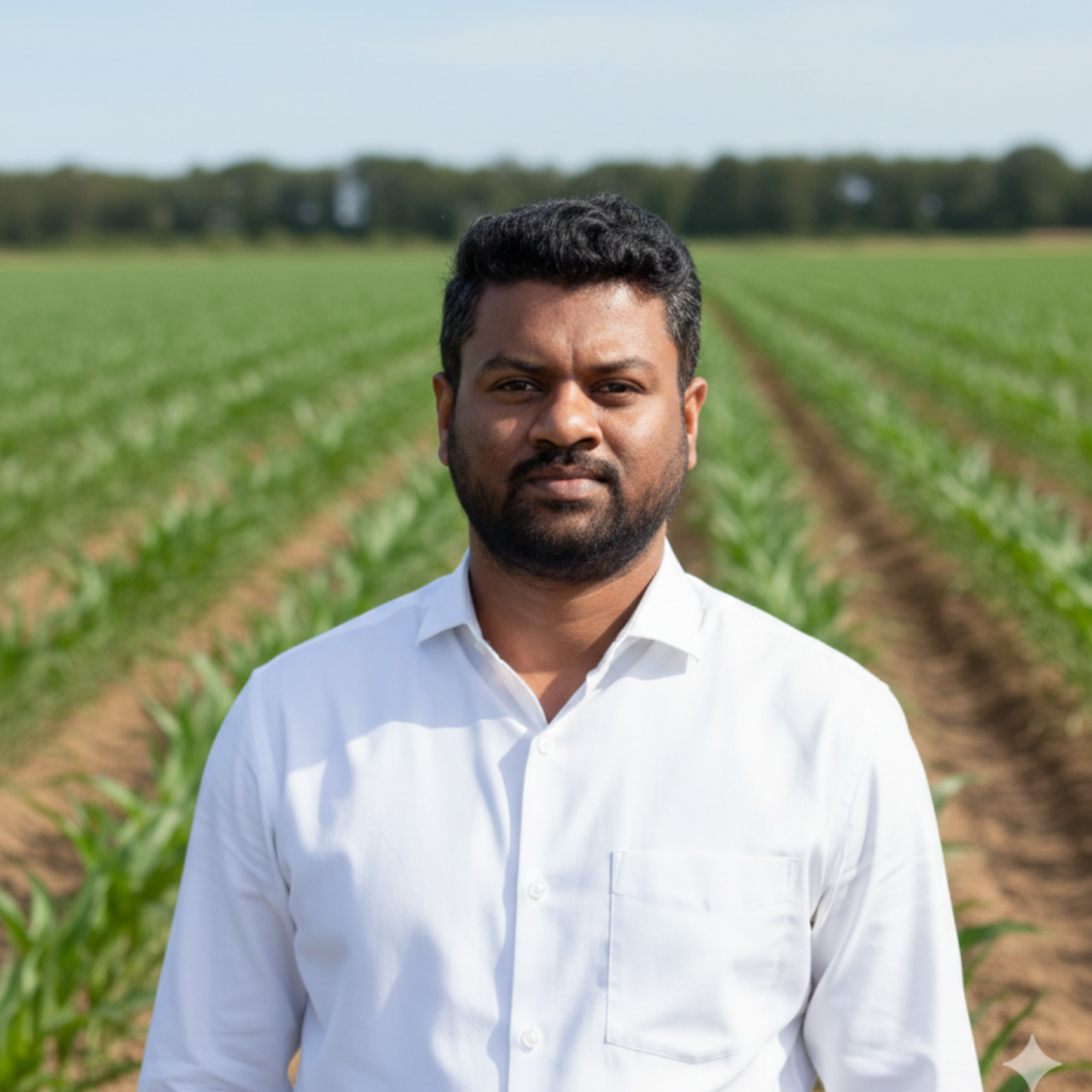 A man in a white shirt standing in the middle of a field of green crops.