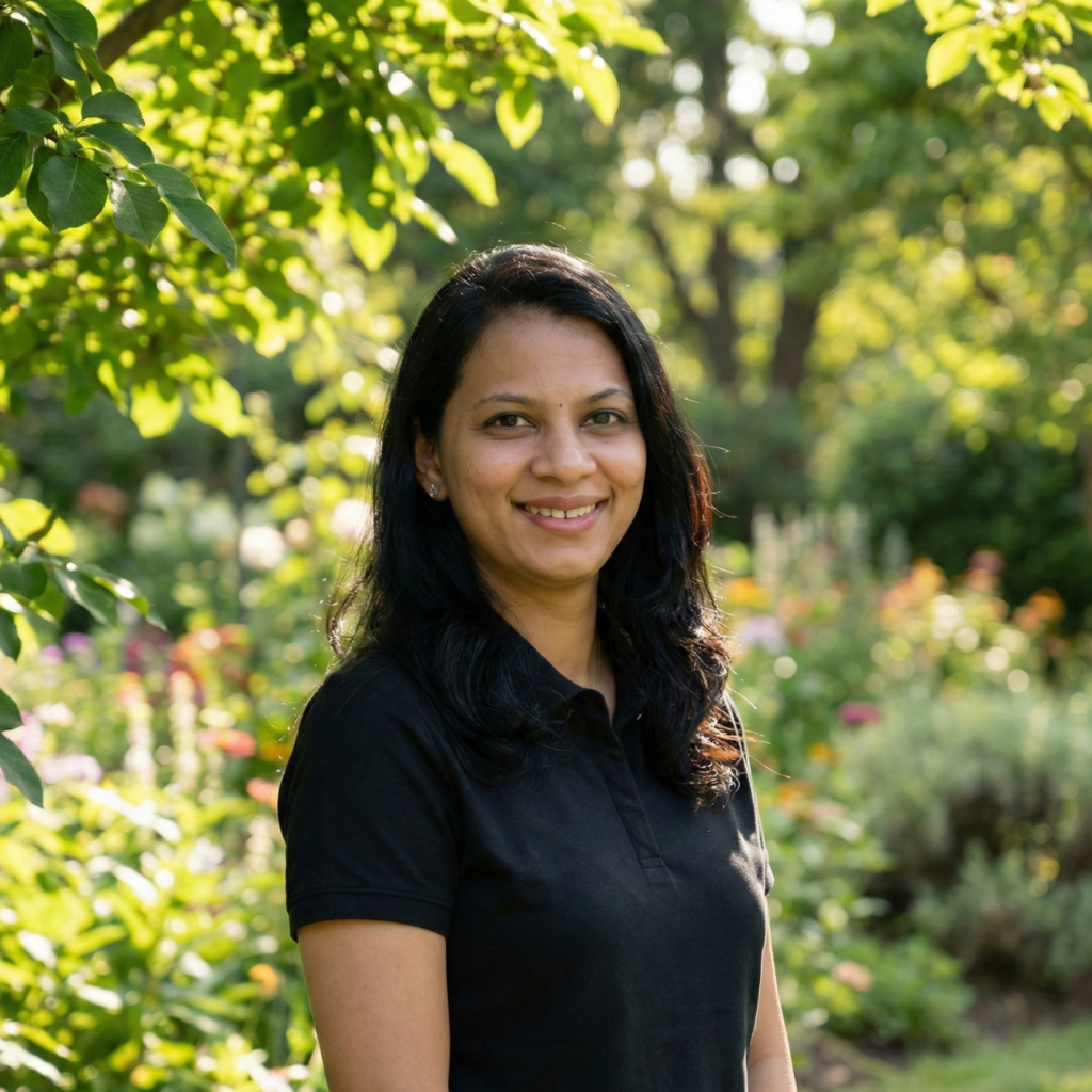 A medium shot of a smiling women, wearing a black shirt, standing in a lush green garden with various plants and trees under natural light.