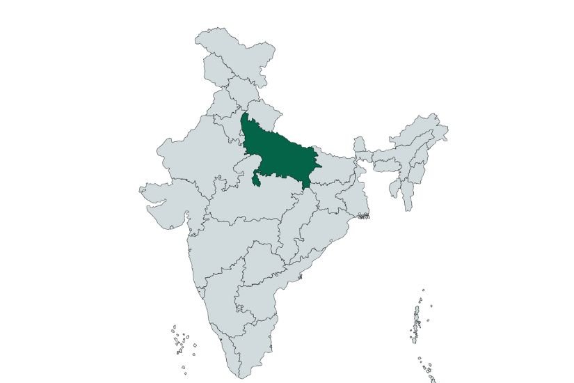 Map of India highlighting major medicinal herb cultivation states in dark green, Uttar Pradesh
