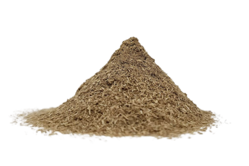 Pile of ground lemongrass powder (Cymbopogon citratus) on white background