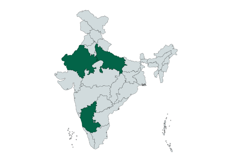 Map of India showing major rose growing states in dark green: UP, Raj, and Karnataka (cultivated)