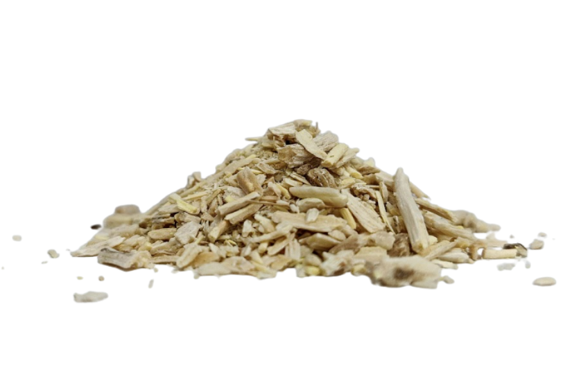 Coarse-cut dried Shatavari roots (Asparagus racemosus) pile on white background