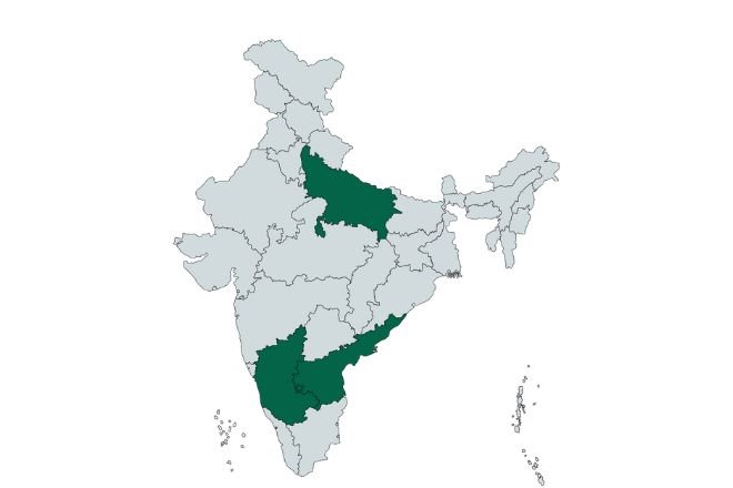 Map of India highlighting major medicinal herb cultivation states in dark green Uttar Pradesh, Karnataka, and Andhra Pradesh